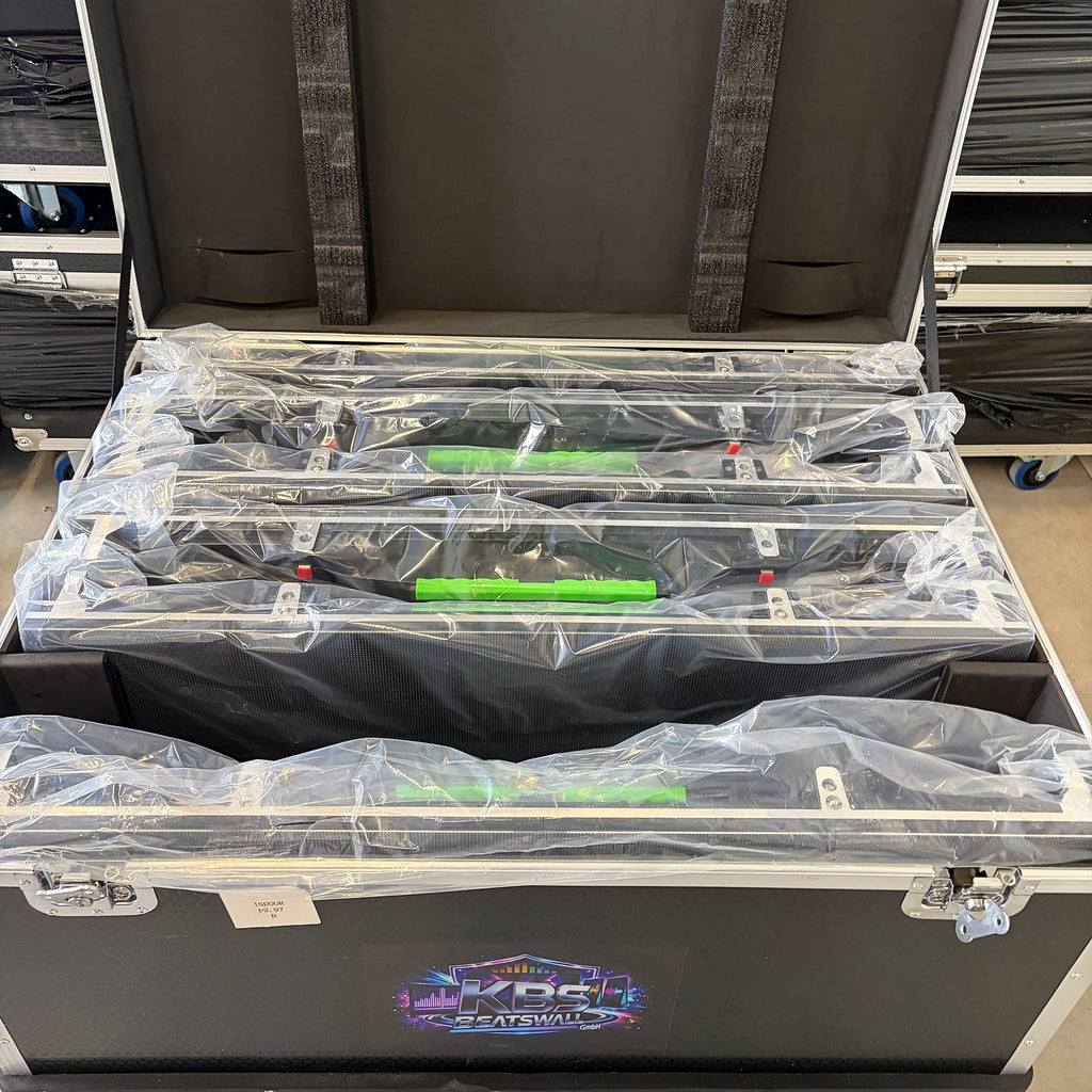 LED panels padded and packed in a flight case with the KBS BeatsWall logo