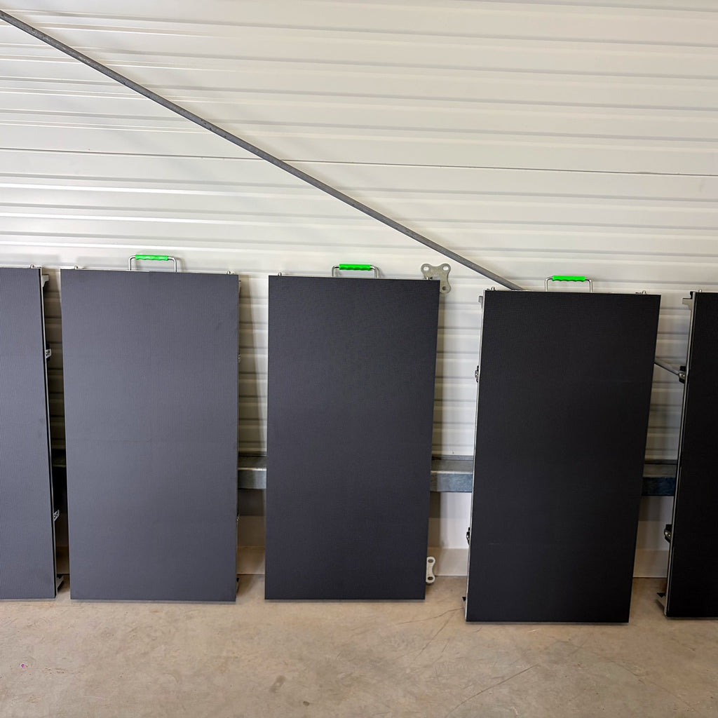 Several LED panels P2.97 lined up for assembly