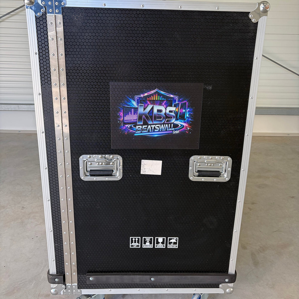 Closed flight case for the LED screen poster with the KBS BeatsWall logo