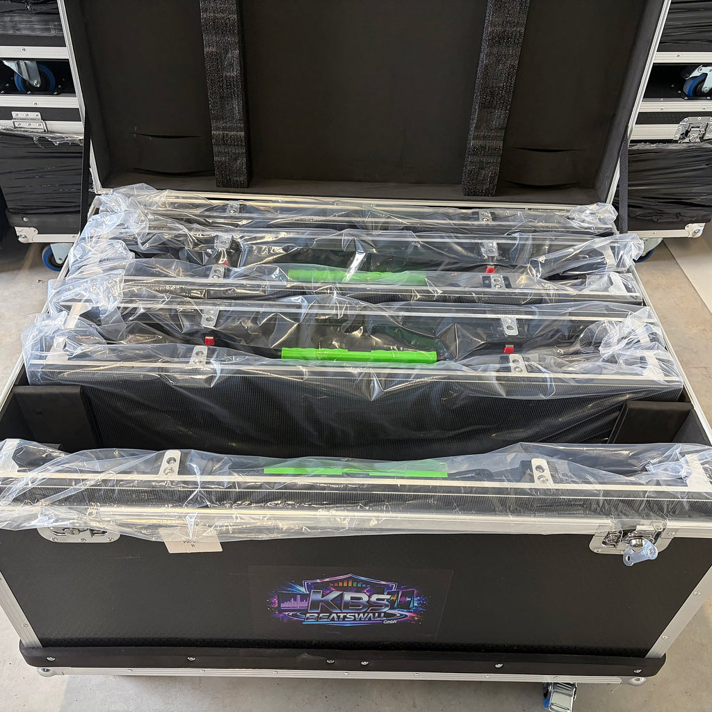 LED panels padded and packed in a flight case with the KBS BeatsWall logo