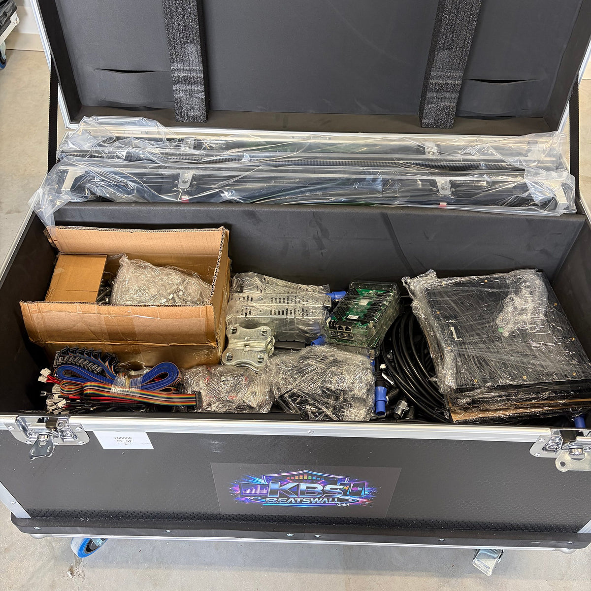 Flight case with spare parts, cables, power supplies and receiving cards