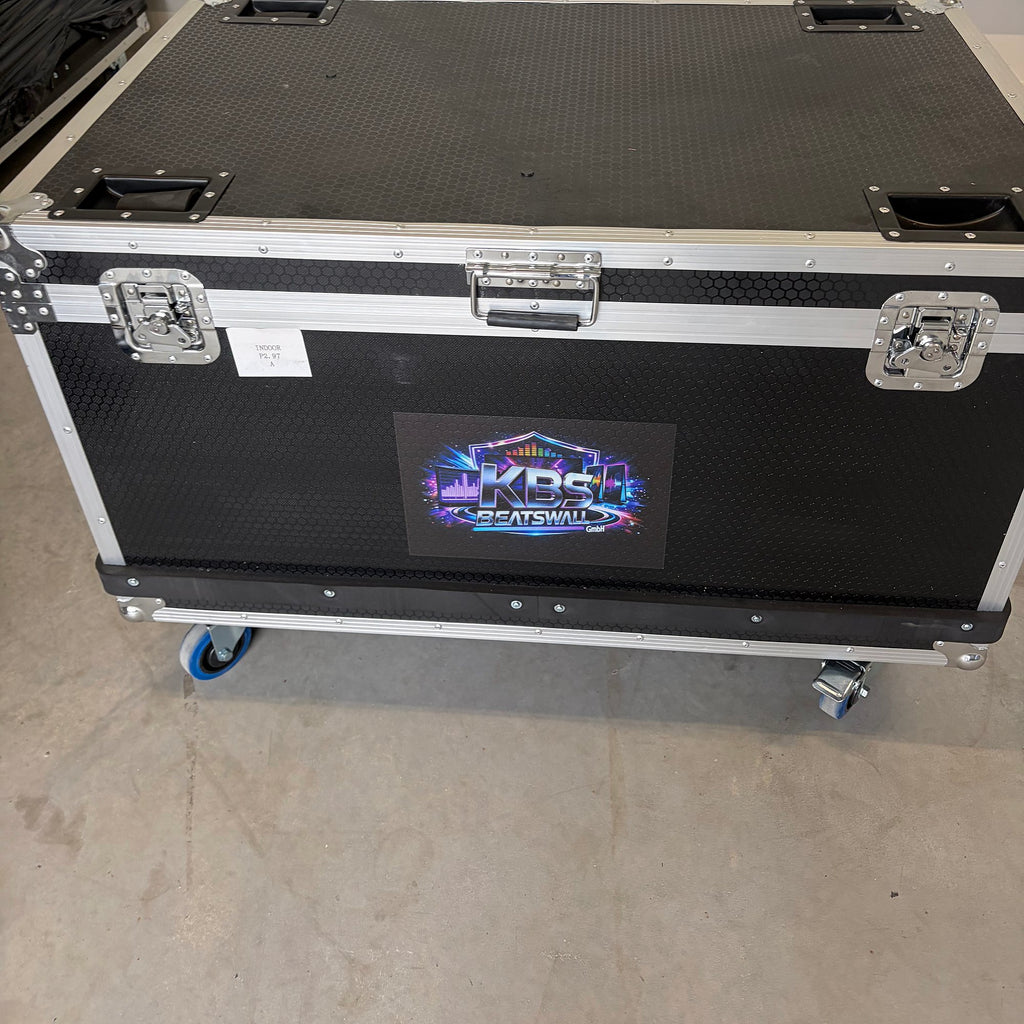 Closed flight case with the KBS BeatsWall logo and castors